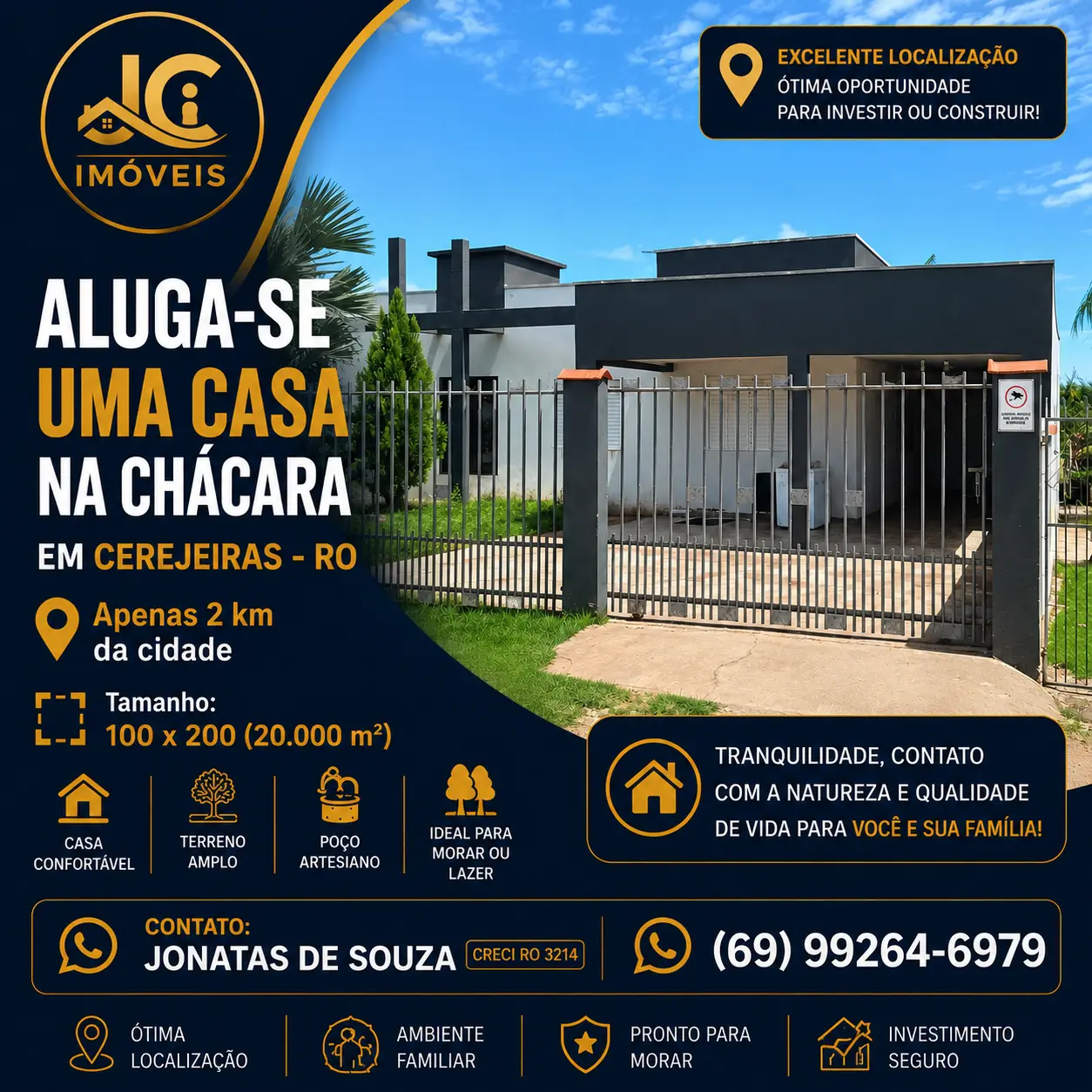 ALUGA-SE CASA NA CHÁCARA EM CEREJEIRAS – RO